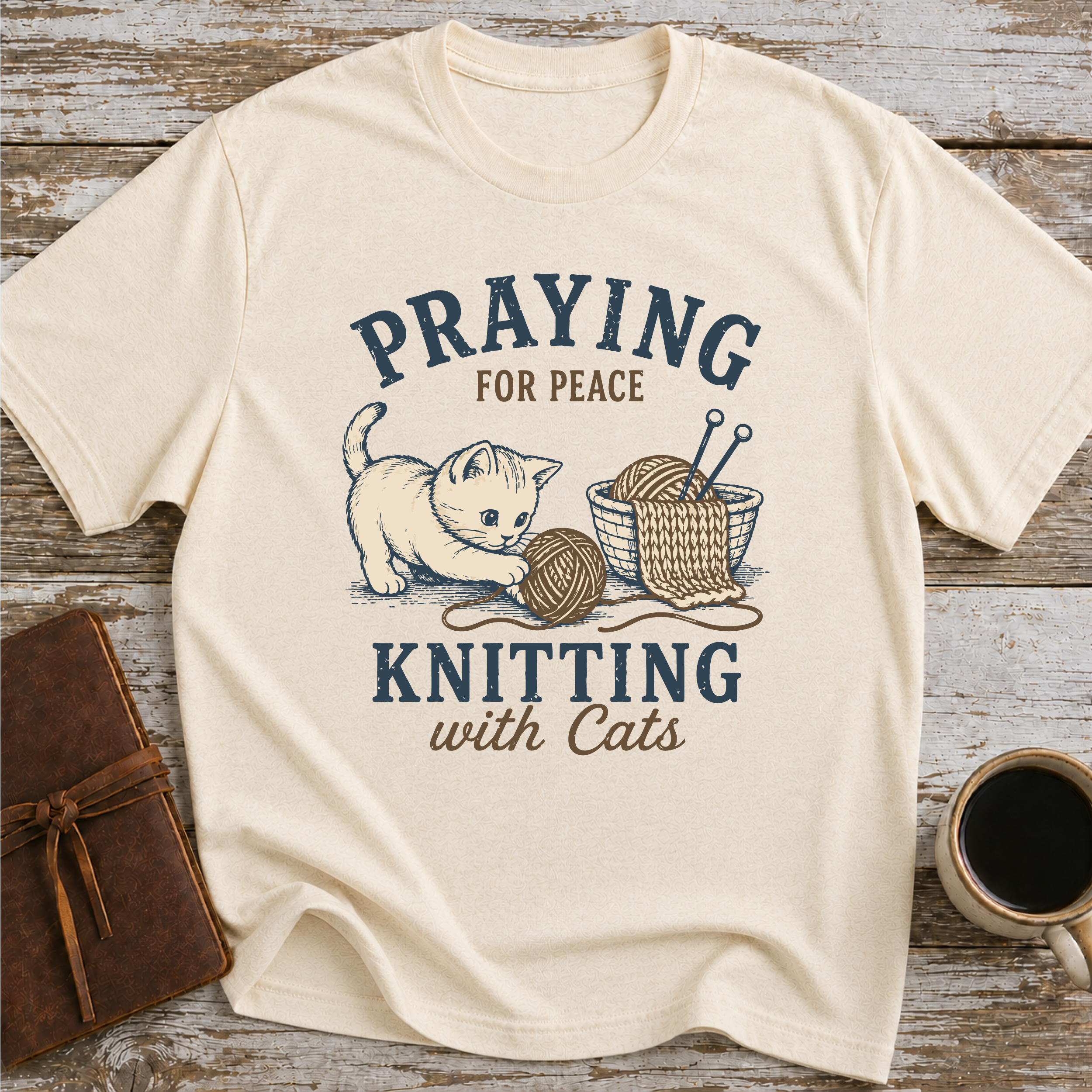 Praying For Peace, Knitting With Cats - T-Shirt