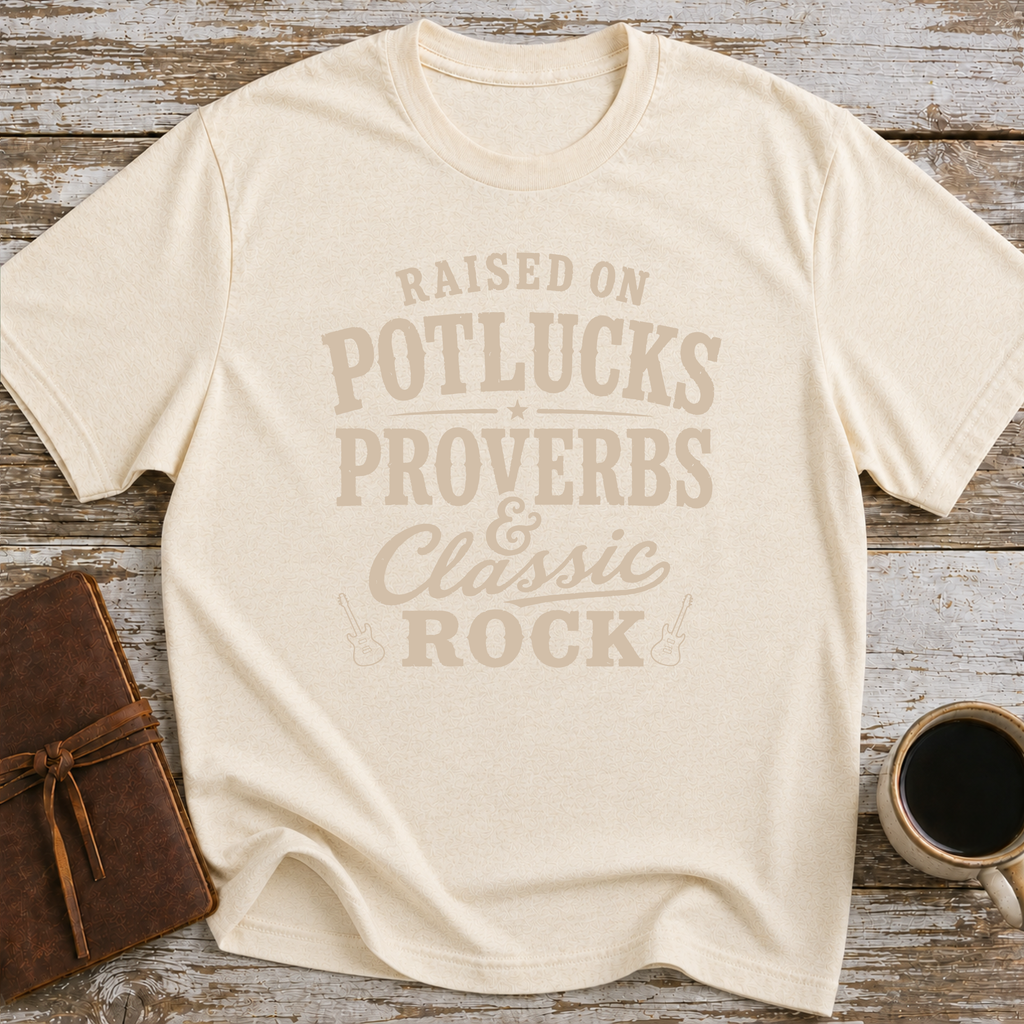 Raised On Potlucks, Proverbs & Classic Rock - T-Shirt